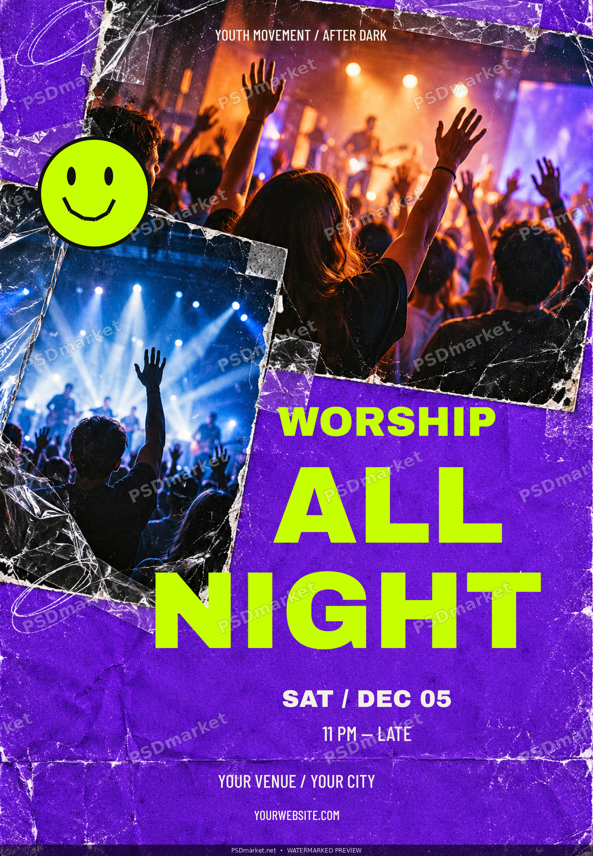 Worship All Night flyer with purple torn-paper collage, raised hands, neon-lime headline and smiley graphic. Protected watermarked preview.
