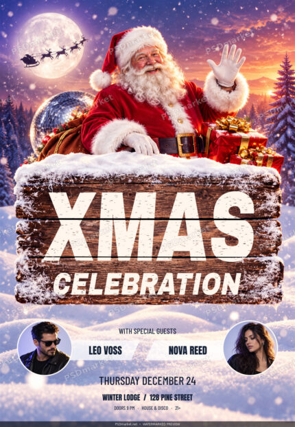 Xmas Celebration Christmas party flyer with Santa, snowy wooden sign and two DJ portraits; watermarked preview