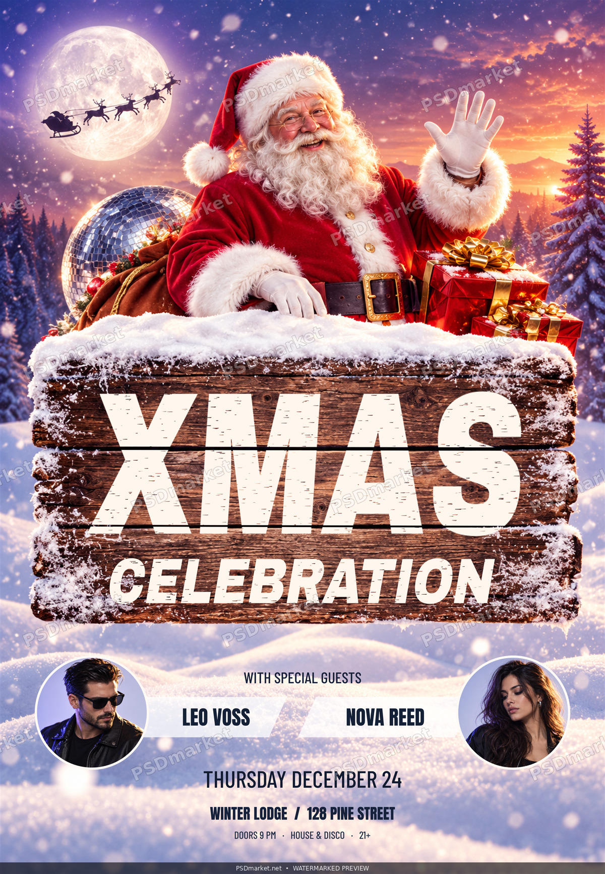 Xmas Celebration Christmas party flyer with Santa, snowy wooden sign and two DJ portraits; watermarked preview