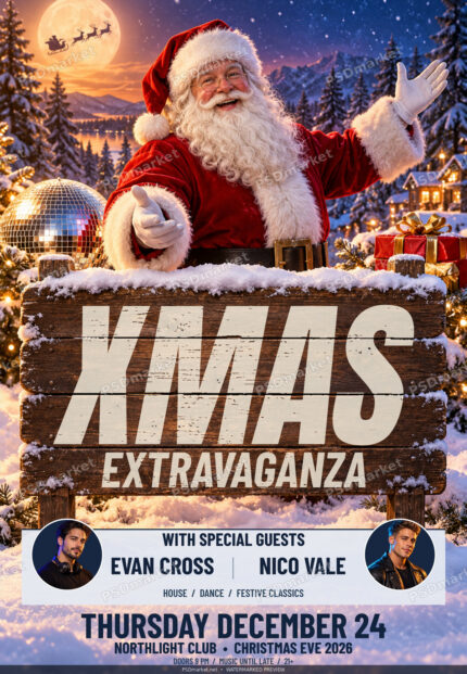 Santa in a snowy Christmas forest behind a rustic wooden sign with weathered white XMAS EXTRAVAGANZA lettering, two circular DJ portraits and event details; watermarked preview