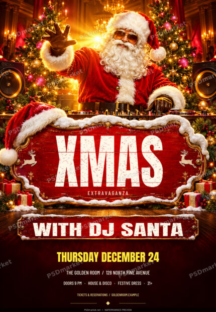 Watermarked preview of Xmas Extravaganza Santa DJ Christmas party flyer with snowy red wooden headline sign and warm festive lighting