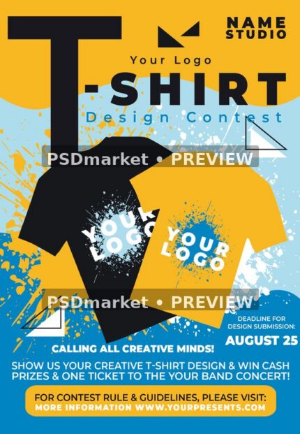 Yellow and Blue T-Shirt Design Contest Flyer PSD Template — PSD template preview