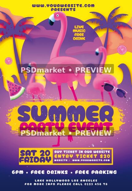Yellow and purple summer flyer with three pink flamingos and two horizontal PSDmarket preview watermarks