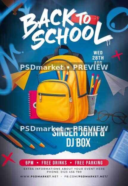 Yellow Backpack and Pencils School Flyer PSD Template — PSD template preview