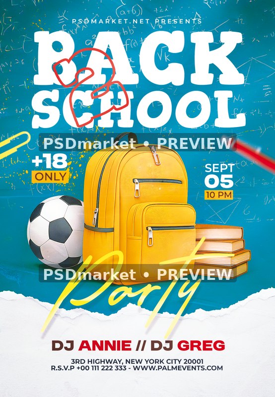 Yellow Backpack Back to School Party Flyer PSD Template — PSD template preview