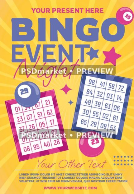 Yellow bingo night flyer with purple and pink number cards, game balls and two horizontal preview watermarks