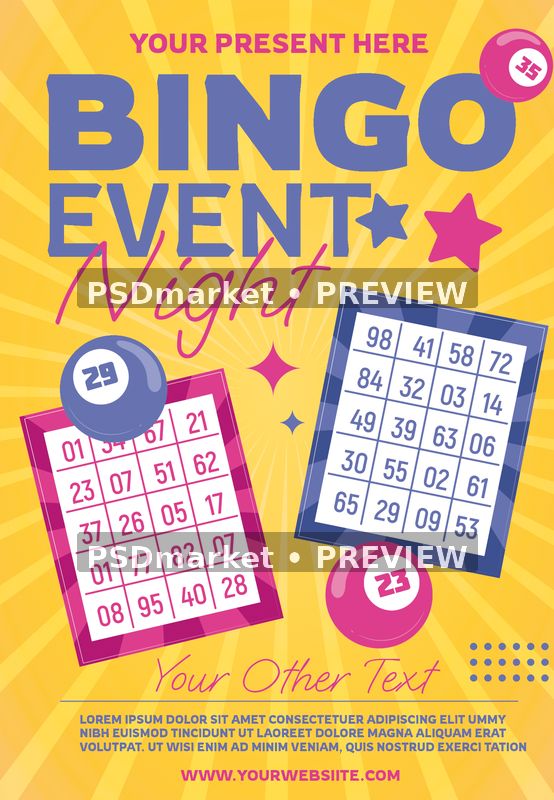 Yellow Bingo Cards Night Flyer PSD Template — PSD template preview