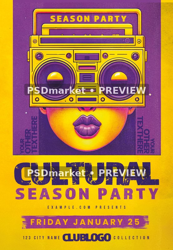Yellow Boombox Cultural Season Party Flyer PSD Template — PSD template preview