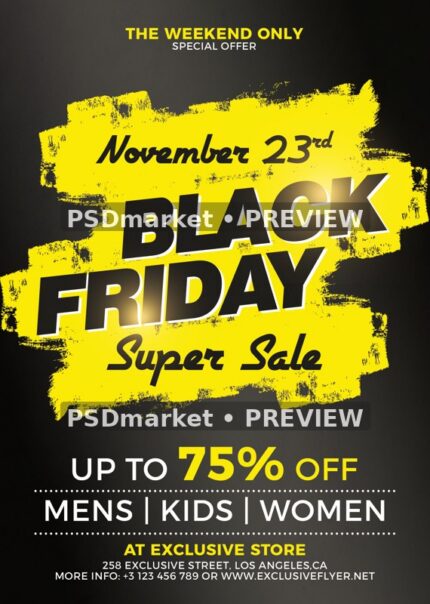 Yellow Brush Stroke Black Friday Sale Flyer PSD Template — reduced watermarked source artwork preview