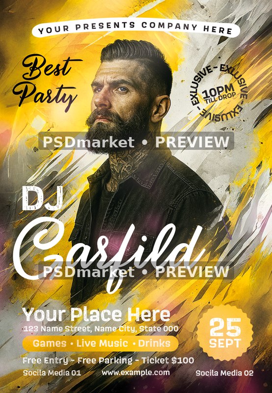 Yellow Brushstroke Bearded DJ Flyer PSD Template — PSD template preview
