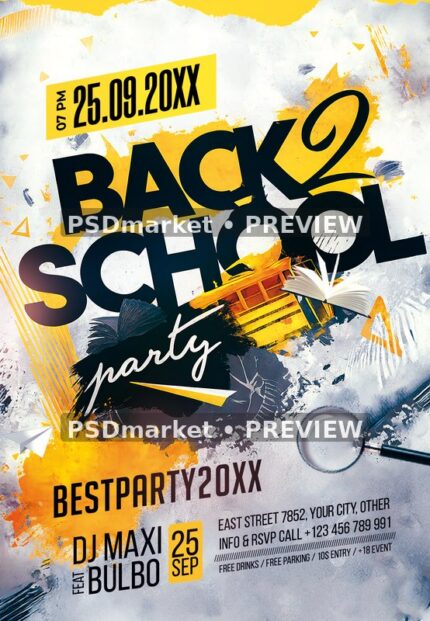 Yellow Brushstroke School Party Flyer PSD Template — PSD template preview