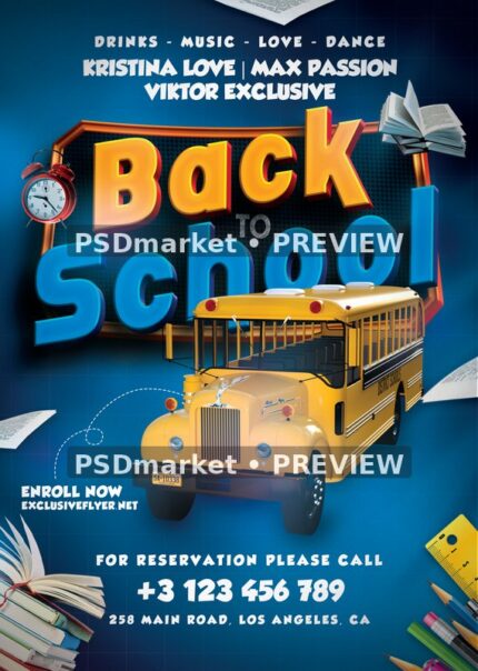 Yellow Bus Dimensional Back to School Flyer PSD Template — PSD template preview