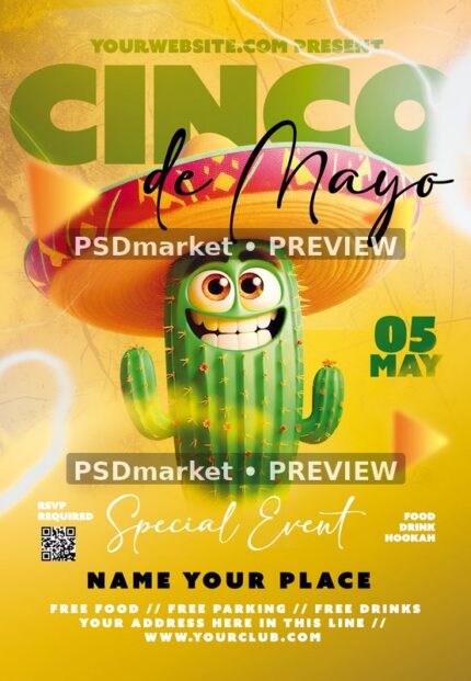 Yellow Cactus Cinco de Mayo Special Event Flyer PSD Template — PSD template preview