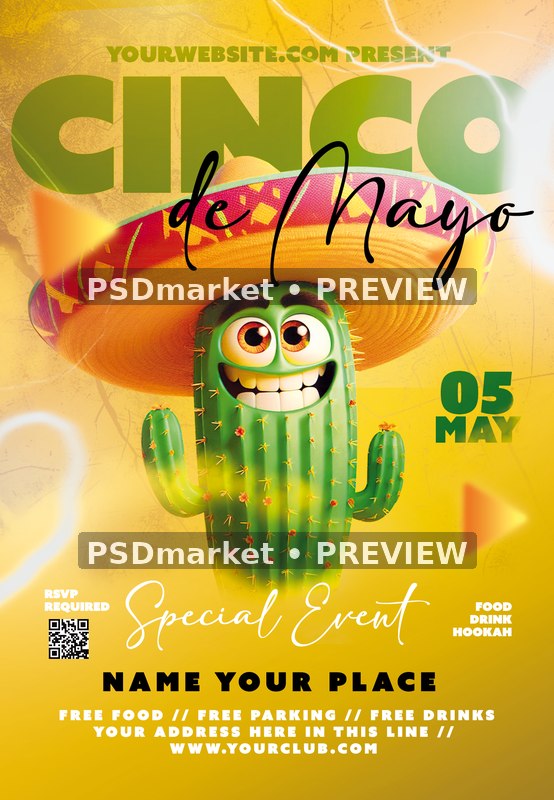 Yellow Cactus Cinco de Mayo Special Event Flyer PSD Template — PSD template preview
