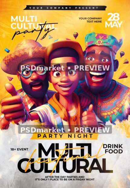 Yellow Cartoon Trio Multicultural Festival Flyer PSD Template — PSD template preview