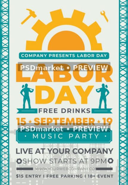 Yellow Gear Labor Day Music Flyer PSD Template — PSD template preview