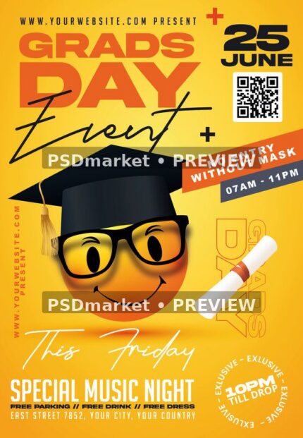 Yellow graduation flyer with a smiling graduate emoji, glasses, mortarboard, diploma, orange headline and QR graphic