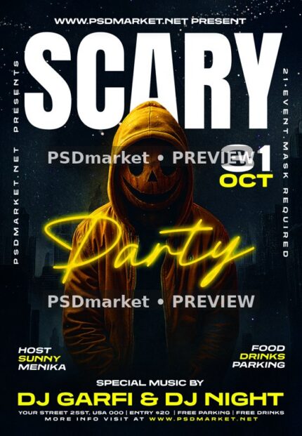 Yellow Hooded Mask Scary Party Flyer PSD Template — reduced watermarked source artwork preview