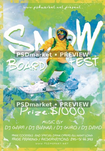 Yellow Jacket Snowboard Fest Flyer PSD Template — reduced watermarked source artwork preview