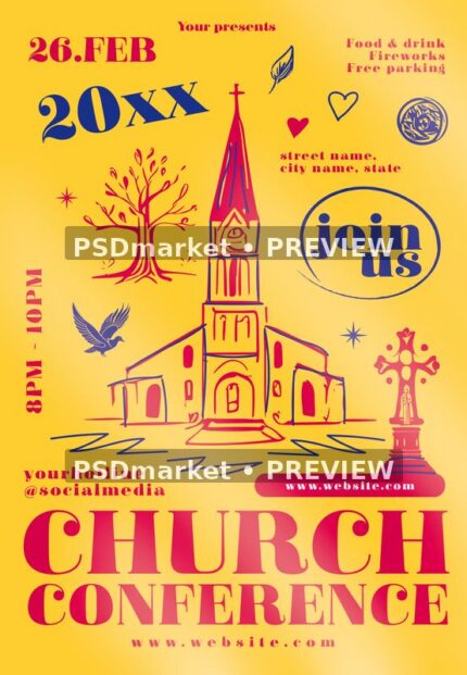 Yellow church conference flyer with red line art chapel, dove, cross, tree and navy accents. Two horizontal PSDmarket preview watermarks.