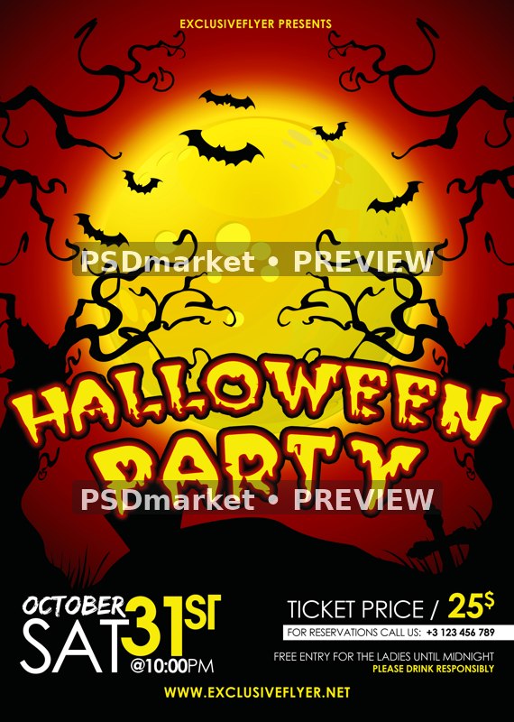 Yellow Moon and Bats Halloween Party Flyer PSD Template — PSD template preview