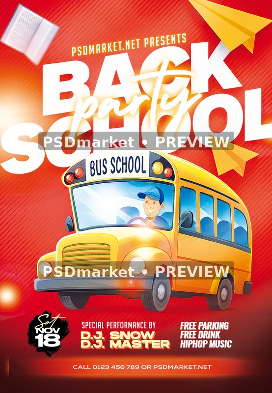 Yellow School Bus Back to School Party Flyer PSD Template — PSD template preview