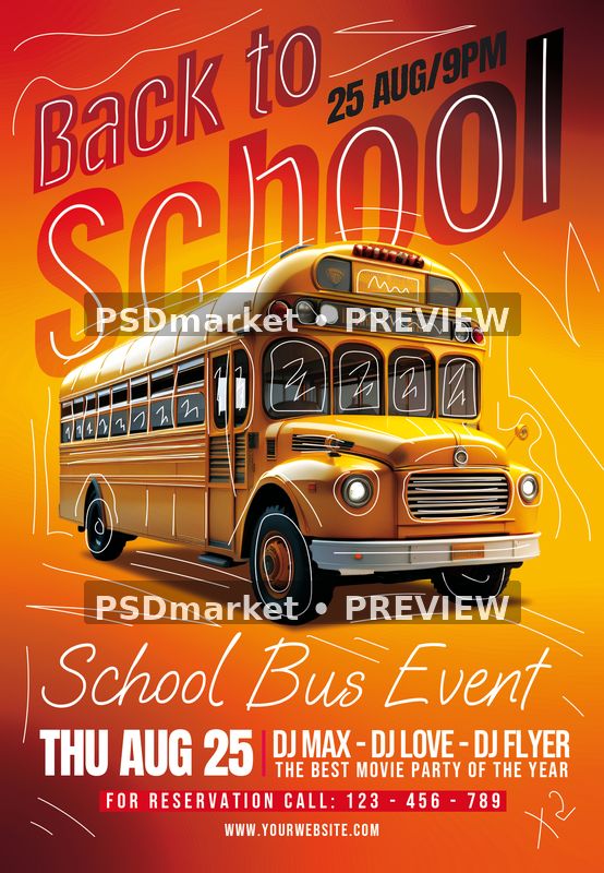 Yellow School Bus Party Flyer PSD Template — PSD template preview