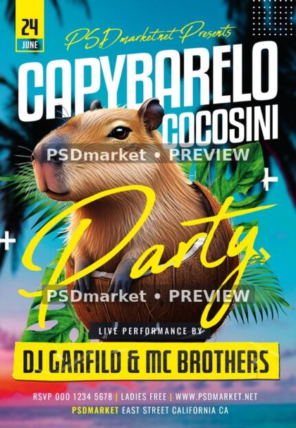 Yellow Script Capybarelo Cocosini Party Flyer PSD Template — PSD template preview