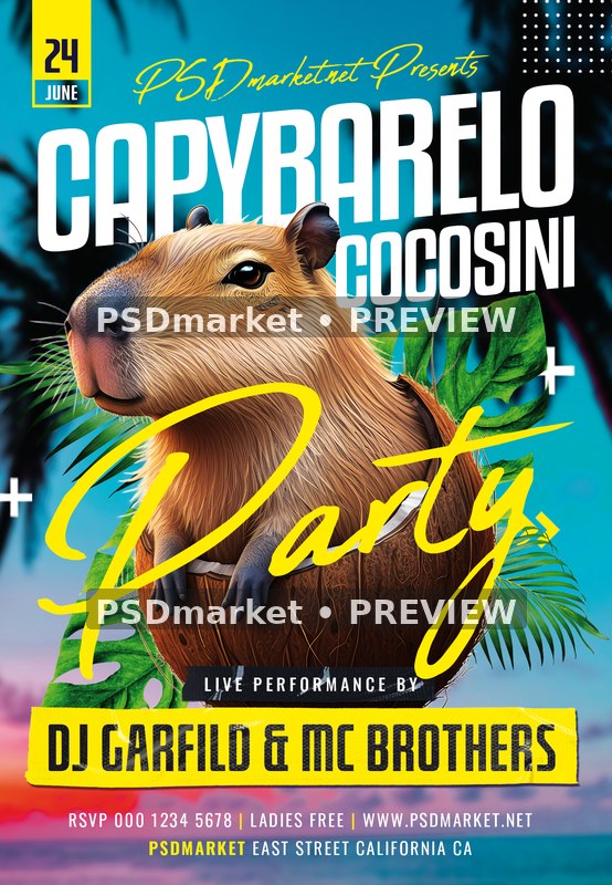 Yellow Script Capybarelo Cocosini Party Flyer PSD Template — PSD template preview