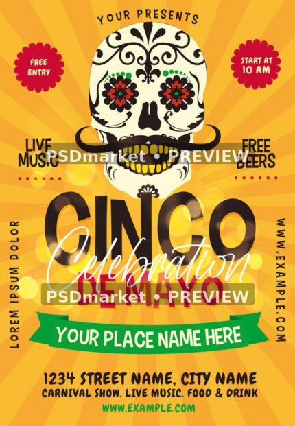 Yellow Cinco de Mayo flyer with floral sugar skull, mustache and green venue ribbon, shown with two horizontal preview watermarks