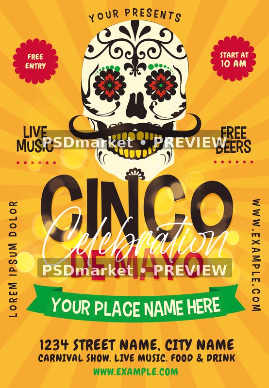 Yellow Sugar Skull Cinco de Mayo Flyer PSD Template — PSD template preview