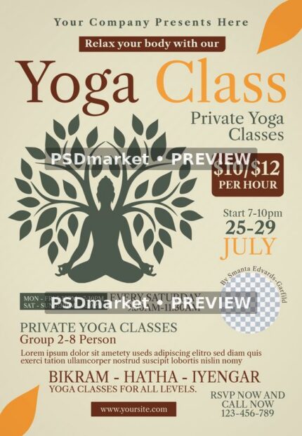 Yoga Class Botanical Flyer PSD Template — PSD template preview