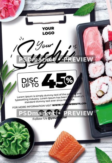 Your Sushi Discount Restaurant Flyer PSD Template — PSD template preview