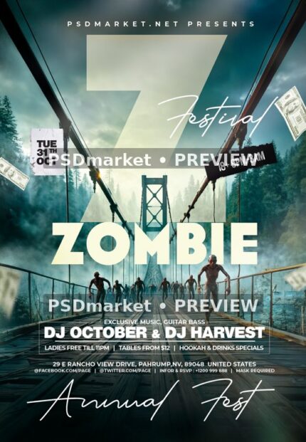 Zombie Bridge Halloween Festival Flyer PSD Template — reduced watermarked source artwork preview
