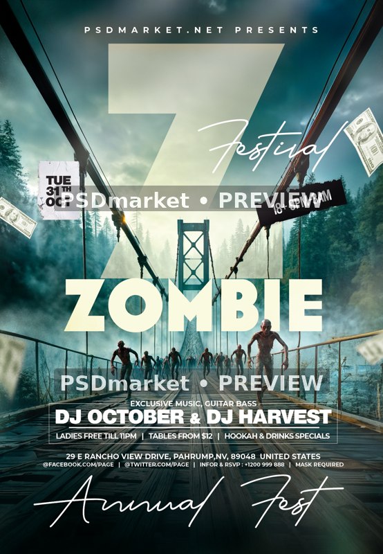 Zombie Bridge Halloween Festival Flyer PSD Template — reduced watermarked source artwork preview