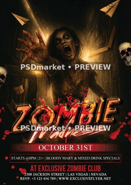Zombie Madness Horror Party Flyer PSD Template — reduced watermarked source artwork preview