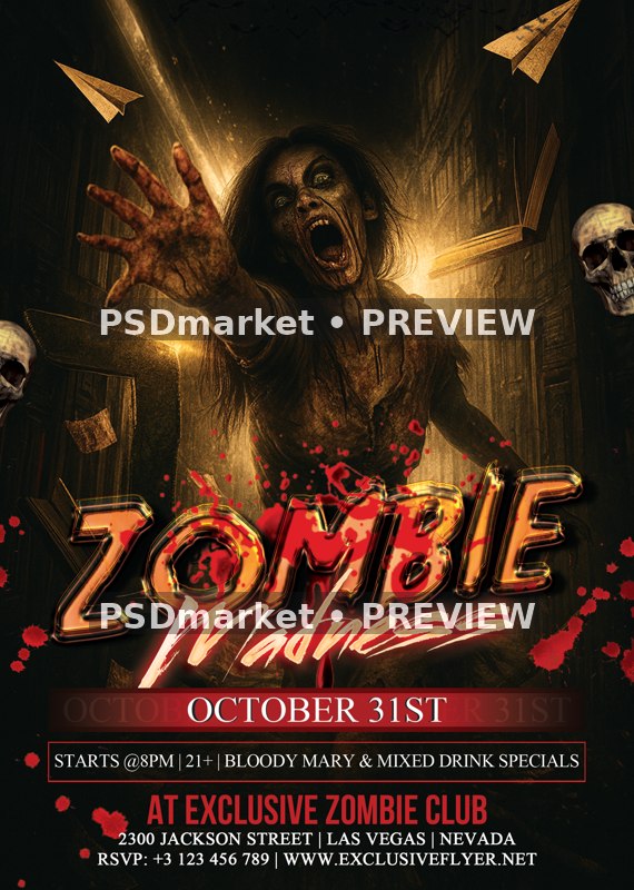 Zombie Madness Horror Party Flyer PSD Template — reduced watermarked source artwork preview