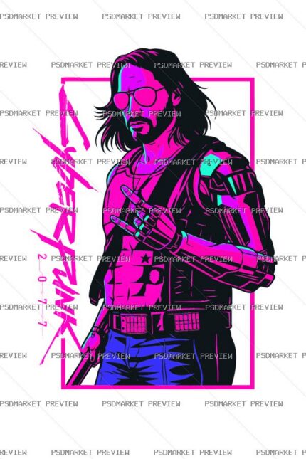 Neon Cyberpunk Warrior Vector Print — PSD template preview