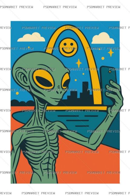 alien selfie print design Vector Print — PSD template preview