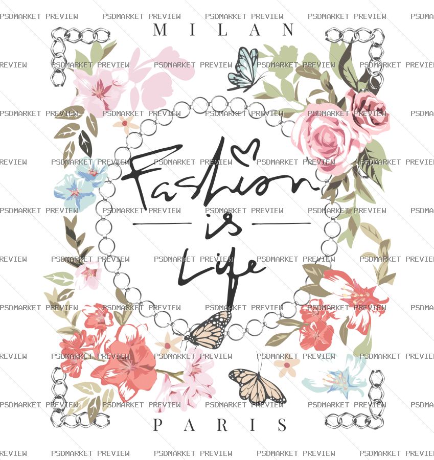 Fashion Is Life Floral Vector Print — PSD template preview