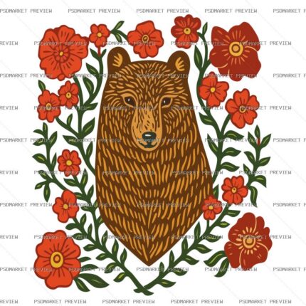 Bear in Flowers Print Design – AI File — PSD template preview