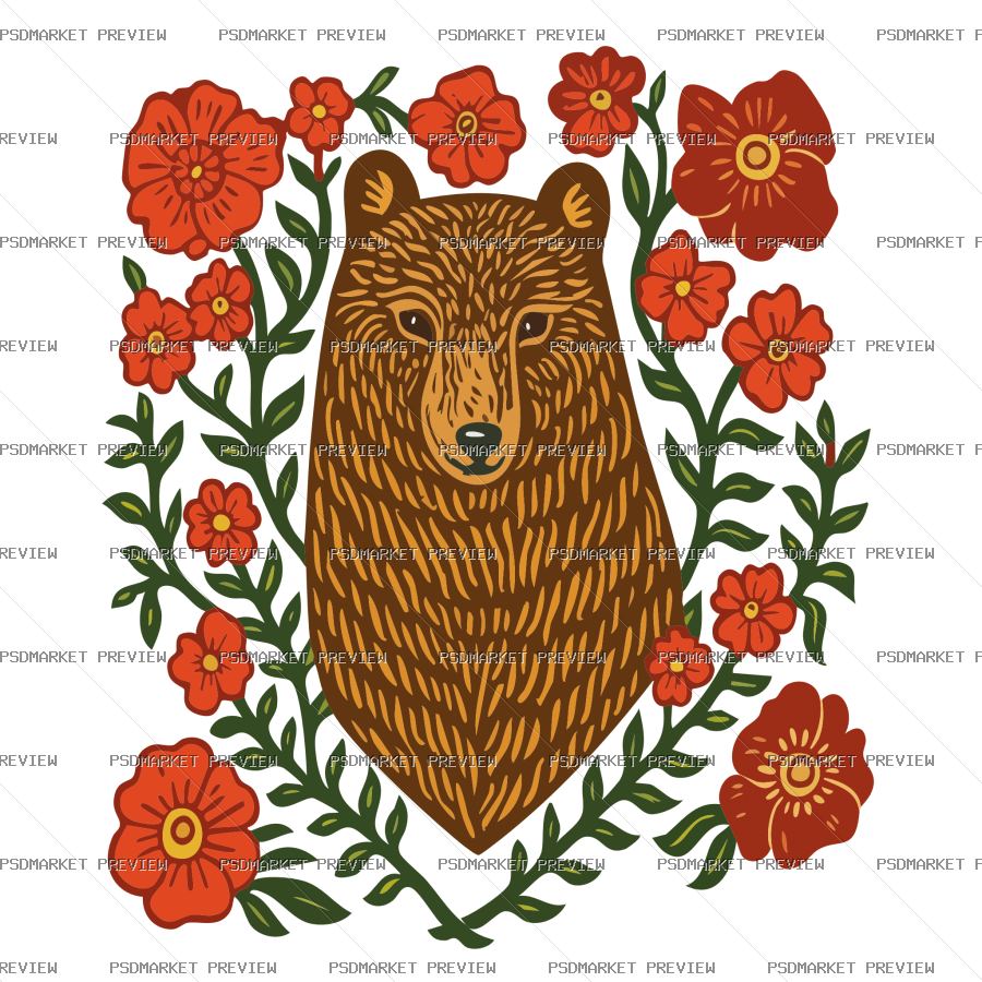Bear in Flowers Print Design – AI File — PSD template preview