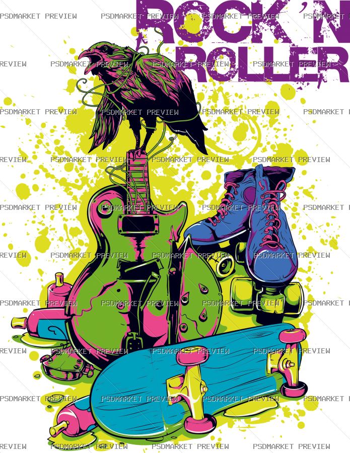 Rock’n Roller Music Vector Print — PSD template preview