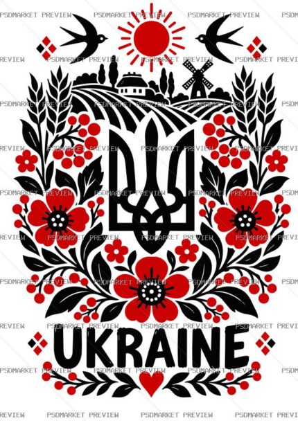 Ukraine Trident Floral Folk Vector Print protected preview