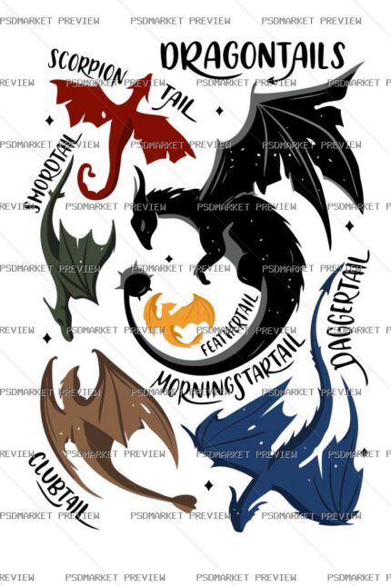 Dragon Tails Fantasy Vector Print — PSD template preview