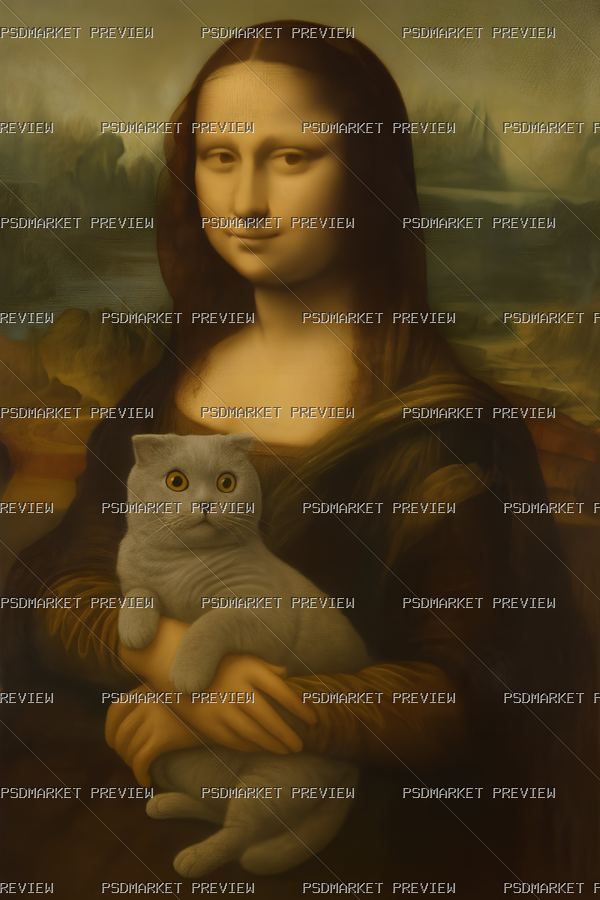 Mona Lisa With a Cat Print — PSD template preview