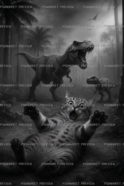 Cat vs Dinosaur Print — PSD template preview