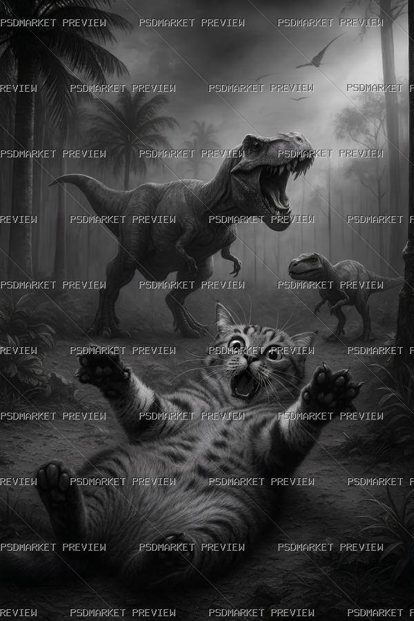 Cat vs Dinosaur Print — PSD template preview