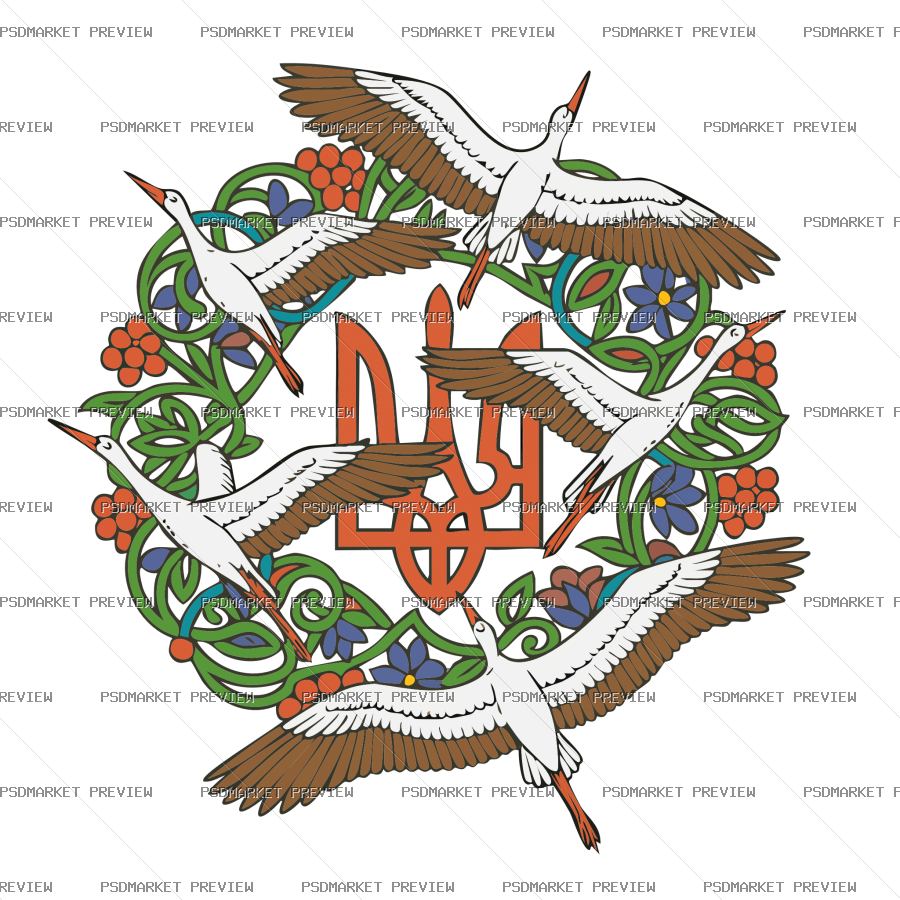 Ukrainian Trident Birds Floral Vector Print — PSD template preview