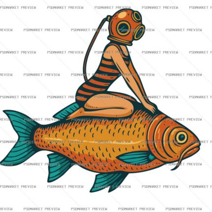Vintage Diver Woman Riding Fish Vector Print — PSD template preview